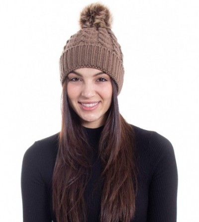 Skullies & Beanies Women's Winter Soft Chunky Cable Knit Pom Pom Beanie Hats Skull Ski Cap - Khaki - CK188AT86GR