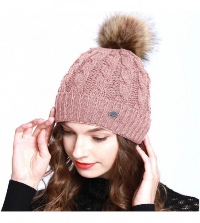Skullies & Beanies BN2346 Women's Winter Hand Knit Faux Fur Pompoms Beanie Hat - Pink - CT12N60V54J