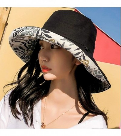 Sun Hats Women Reversible Bucket Hat UV Sun Protection Wide Brim Foldable Floppy Bucket Hat - 2floral-black - C818RWZ75QU