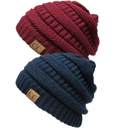 Skullies & Beanies Solid Ribbed Beanie Slouchy Soft Stretch Cable Knit Warm Skull Cap - 2 Pack - Navy & Burgundy - CE18HY54MCL