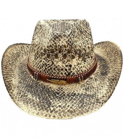 Cowboy Hats Woven Straw Western Cowboy Hat Vintage Wide Brim Outback Sun Hat with Leather Belt - C8 Can - CN18S4ATIQ4