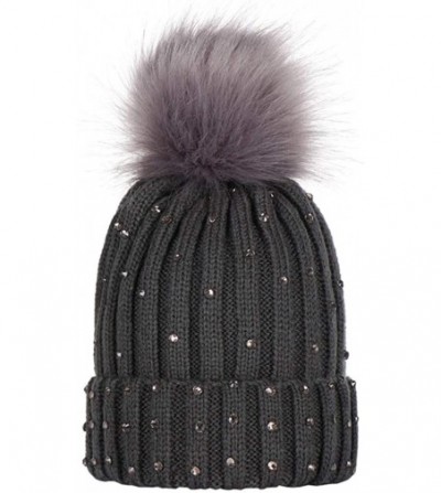 Skullies & Beanies Hats Pompom Rhinestone Decor Winter Kids Boy Girl Solid Color Beanie Cap Knitted Hat - Dark Gray - CF18KH4...