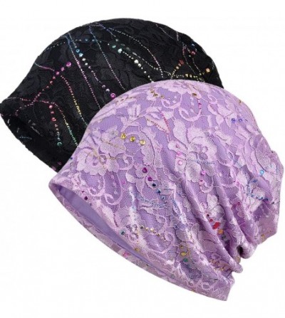 Skullies & Beanies Womens Cotton Beanie Lace Turban Soft Sleep Cap Chemo Hats Fashion Slouchy Hat - 2 Pack Black+purple - C91...