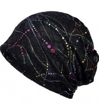 Skullies & Beanies Womens Cotton Beanie Lace Turban Soft Sleep Cap Chemo Hats Fashion Slouchy Hat - 2 Pack Black+purple - C91...