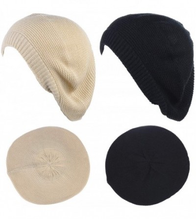 Berets Chic French Style Lightweight Soft Slouchy Knit Beret Beanie Hat in Solid - 2-pack Cream & Black - CQ18LCCRG2D