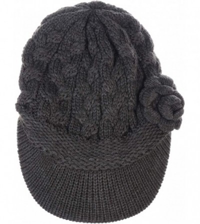 Skullies & Beanies Women's Winter Fleece Lined Elegant Flower Cable Knit Newsboy Cabbie Hat - Charcoal Gray Cable Flower - CH...