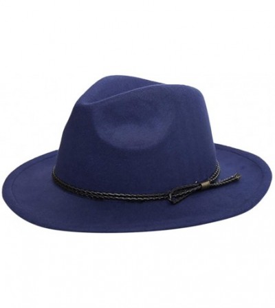 Fedoras Women Belt Buckle Fedora Hat-Classic Wide Brim Floppy Panama Hat Crushable Wool Felt Outback Hat - Dark Blue - CF18WK...