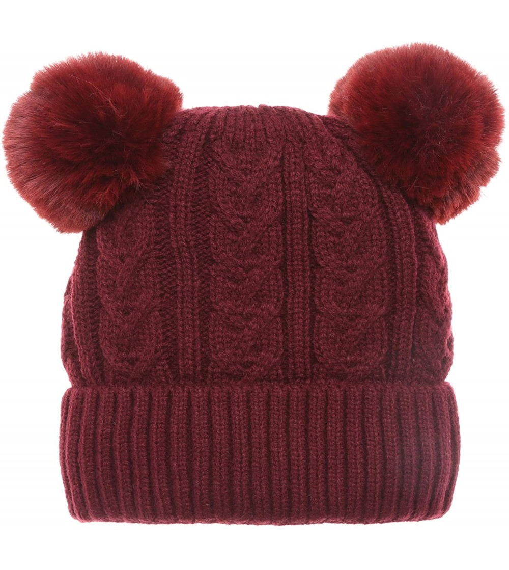 Skullies & Beanies Women's Winter Cable Knitted Faux Fur Double Pom Pom Beanie Hat with Plush Lining. - Burgundy W/Out Logo -...