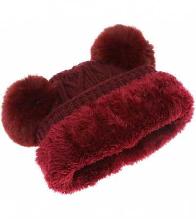 Skullies & Beanies Women's Winter Cable Knitted Faux Fur Double Pom Pom Beanie Hat with Plush Lining. - Burgundy W/Out Logo -...