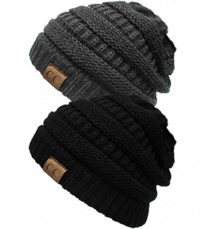 Skullies & Beanies Solid Ribbed Beanie Slouchy Soft Stretch Cable Knit Warm Skull Cap - 2 Pack - Black & Charcoal - CT18HM64GAW