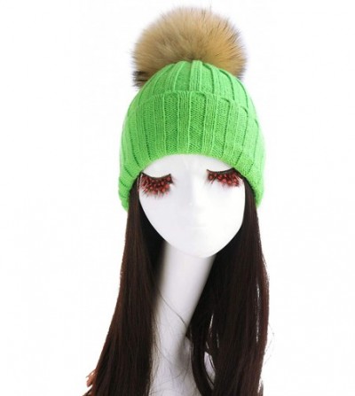 Skullies & Beanies Women Cable Knit Beanie Raccoon Fur Fuzzy Pompom Chunky Winter Stretch Skull Cap Cuff Hat - 34green - CS18...