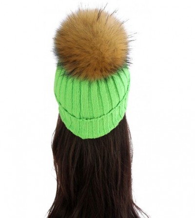 Skullies & Beanies Women Cable Knit Beanie Raccoon Fur Fuzzy Pompom Chunky Winter Stretch Skull Cap Cuff Hat - 34green - CS18...