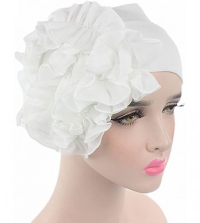 Skullies & Beanies Women Flower Solid Ruffle Cancer Chemo Elegant Hat Beanie Turban African Head Scarf Wrap Cap - White - CI1...
