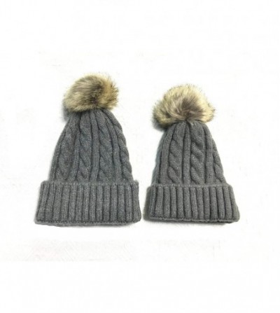 Skullies & Beanies 2PCS Parent-Child Hat Winter Warm Soft Knit Hat Beanie Ski Cap with Removable Pom Pom - Gray - C418SZD6R5R
