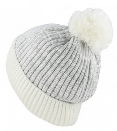 Skullies & Beanies Exclusive Ribbed Knit Warm Fuzzy Thick Fleece Lined Winter Skull Beanie - Off White With Pom - C618KEEAL3Z
