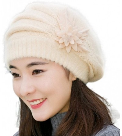 Berets Winter Beret Cap Womens Flower Knit Crochet Beanie Hat Winter Warm Cap - Beige - CG12NZ61LIY