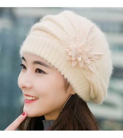 Berets Winter Beret Cap Womens Flower Knit Crochet Beanie Hat Winter Warm Cap - Beige - CG12NZ61LIY