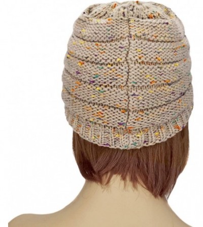 Skullies & Beanies Women Knit Hats Beanie Tail Cable Colored-Spots Messy Bun Ponytail Visor Beanie Cap - Khaki - CX18HXMA64C