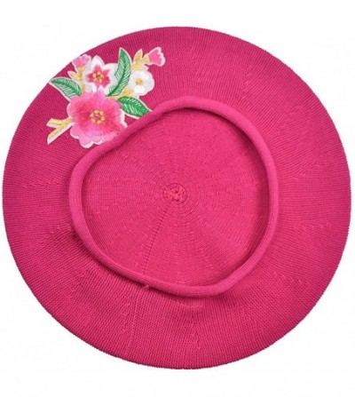 Berets 100% Cotton Beret French Ladies Hat with Pink Flower Bouquet - Hot Pink - CA185O7A2NT