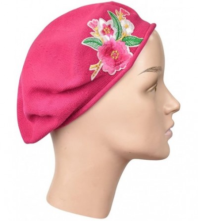 Berets 100% Cotton Beret French Ladies Hat with Pink Flower Bouquet - Hot Pink - CA185O7A2NT