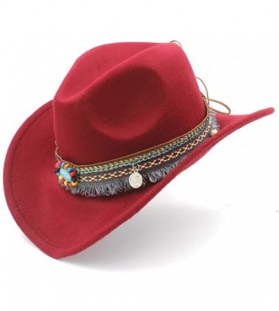 Cowboy Hats Classic Gem Straw Tassel Felt Cowgirl Hat Sombrero Band Décor Funny Party Cap - Wine Red - CC18ECTOIXR