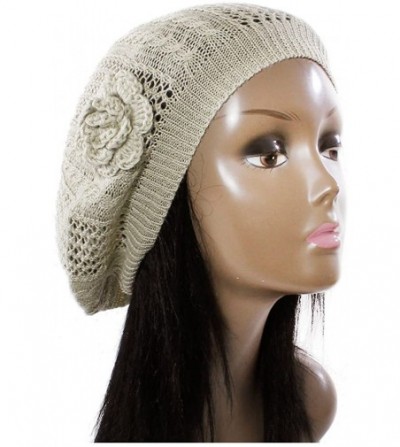 Berets Open Weave Womens Crochet Mesh Beanie Hat Flower Fashion Soft Knit Beret Cap - Biege - CB12BDHT9P7