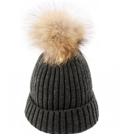 Skullies & Beanies Womens Girls Knitted Fur Hat Real Large Raccoon Fur Pom Pom Beanie Hats - Bn2356charcoal - CT12O5WE6IA