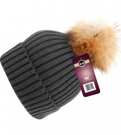 Skullies & Beanies Womens Girls Knitted Fur Hat Real Large Raccoon Fur Pom Pom Beanie Hats - Bn2356charcoal - CT12O5WE6IA