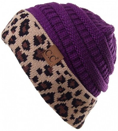 Skullies & Beanies Women Classic Solid Color with Leopard Cuff Ponytail Messy Bun Beanie Skull Cap - Purple - CW18K6Z43MC