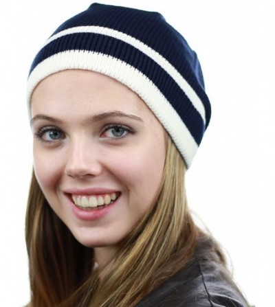 Skullies & Beanies Trendy Baggy Slouchy & Comfort Knitted Daily Beanie Hat w/Stripe - Navy/White - CH12HPYE6Y1