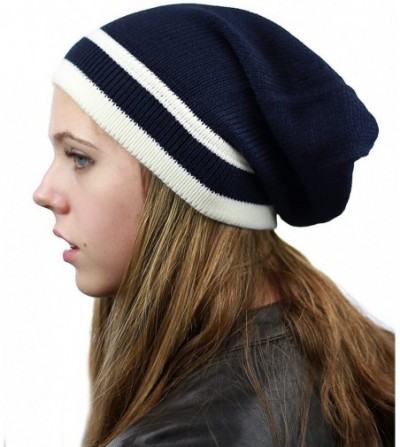 Skullies & Beanies Trendy Baggy Slouchy & Comfort Knitted Daily Beanie Hat w/Stripe - Navy/White - CH12HPYE6Y1