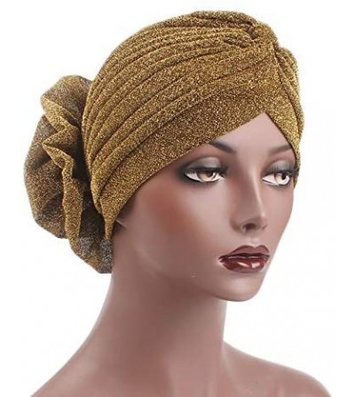 Skullies & Beanies Women Elastic Glitter Big Flower Turban Chemo Beanie Hair Loss Chemo Cap Hat - Gold - CD18LU5XL50