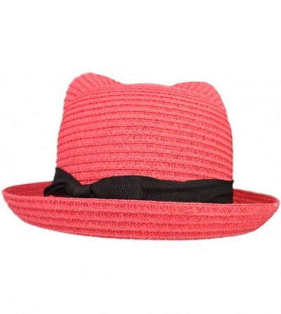 Sun Hats Women Vintage Cat Ear Bowler Straw Hat Sun Summer Beach Roll-up Bowknot Cap Hat - Watermellon Red - C412DOGX8TD