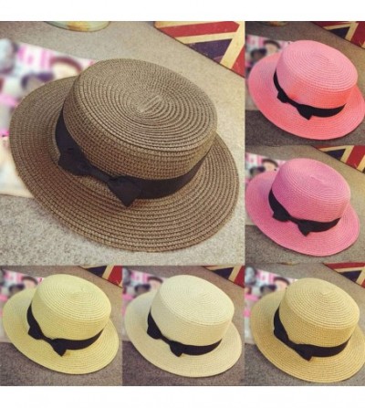 Sun Hats Unisex Trilby Gangster Cap Beach Sun Straw Hat Bow Tie Band Sun hat Beach Fishing Hat - Pink - CZ18UD9EU2Q
