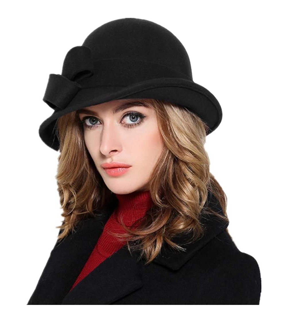 Berets Womens Bowknot 100% Wool Fall Winter Derby Hat Doom Cloche Hat - C-black - CY18LGW5LT3