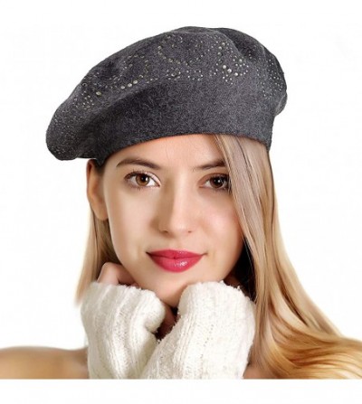 Berets Beret Hats for Women Rhinestones 2 Layers Wool French Hat Lady Winter Black Red - Grey - CL187L689R8