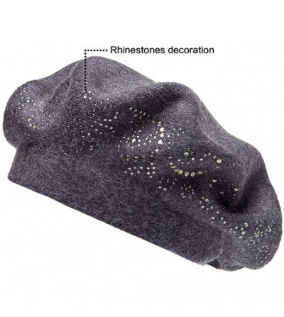 Berets Beret Hats for Women Rhinestones 2 Layers Wool French Hat Lady Winter Black Red - Grey - CL187L689R8