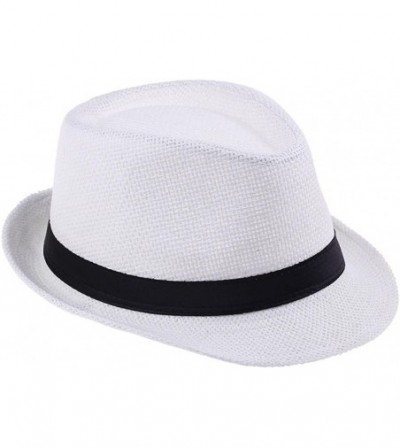 Sun Hats Unisex Men Women Straw Fedora Trilby Hat Summer Beach Sun Jazz Cap - White - CL11L1D5DKJ