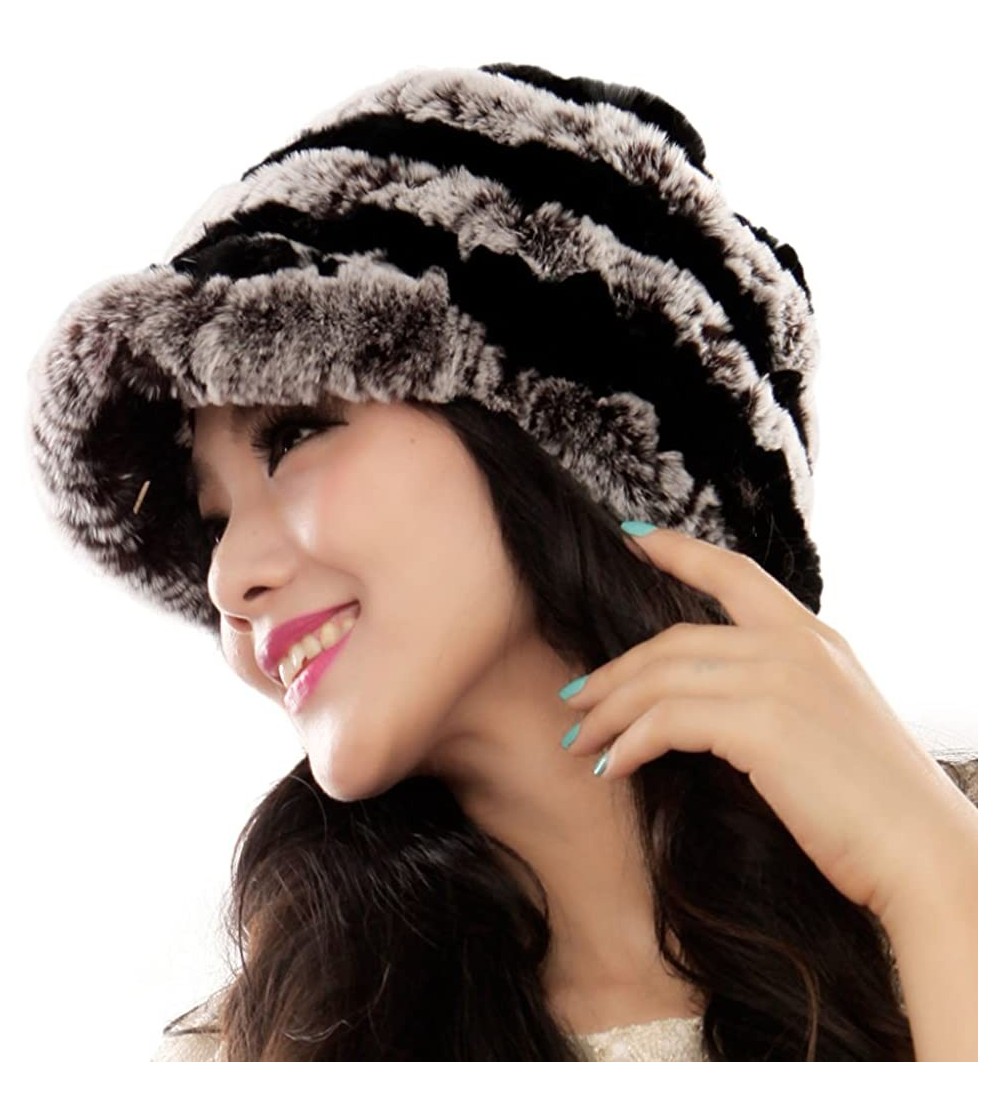 Skullies & Beanies Women's Real Rex Rabbit Fur Peaked Caps Hats Spiral Winter Warmer Ears Hat - Coffee & Black - CZ11FGXY14T