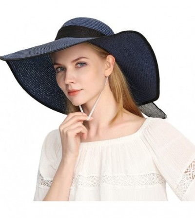 Sun Hats Beach Sun Hat for Women Bow-knot UV UPF 50+Travel Foldable Wide Brim Straw Hat - Navy 2pcs - C718UXD6WXI