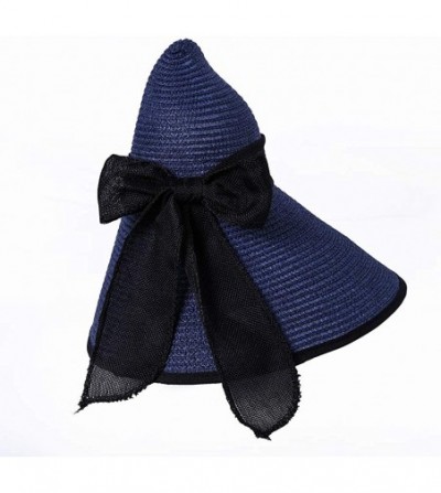 Sun Hats Beach Sun Hat for Women Bow-knot UV UPF 50+Travel Foldable Wide Brim Straw Hat - Navy 2pcs - C718UXD6WXI