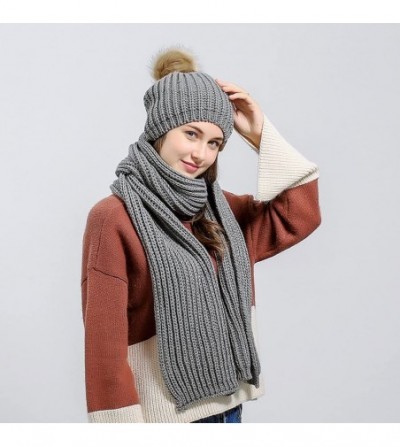 Skullies & Beanies Fashion Women's Warm Crochet Knitted Beanie Hat and Scarf Set with Fur Poms - 1 Grey - C71884IO2CX