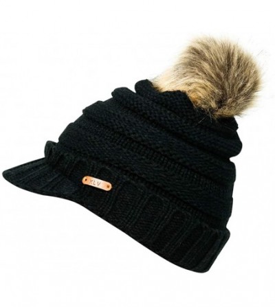 Skullies & Beanies Womens Winter Warm Ribbed Beanie Hat with Brim- Girls Knit Visor Pom Pom Ski Cap - Black - CJ18AQY2492