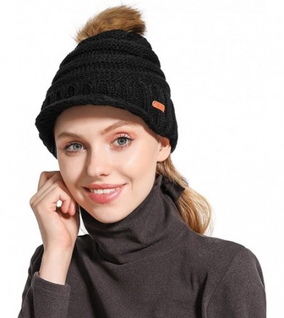 Skullies & Beanies Womens Winter Warm Ribbed Beanie Hat with Brim- Girls Knit Visor Pom Pom Ski Cap - Black - CJ18AQY2492