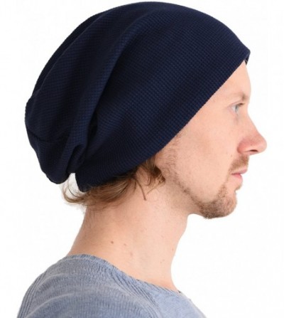 Skullies & Beanies Womens Slouchy Cotton Beanie Hat - Mens Baggy Slouch Chemo Hat Japanese Style - Navy - CP1890GOKHT