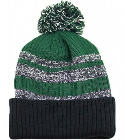 Skullies & Beanies Striped Cuffed Knit Beanie Winter Hat with Pom (Black-Green) - CA12NQXPXAM