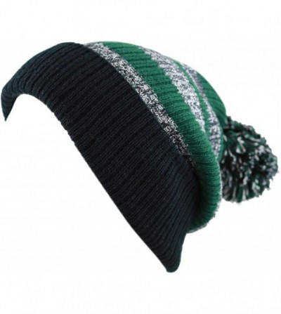 Skullies & Beanies Striped Cuffed Knit Beanie Winter Hat with Pom (Black-Green) - CA12NQXPXAM