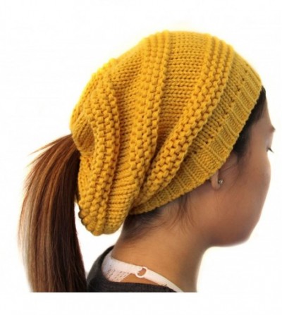 Skullies & Beanies Ponytail Ribbed Stretch Slouchy Beanie Hat - Mustard - C1185CG9A2R