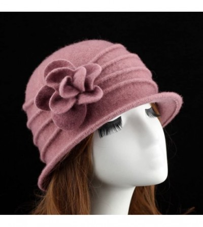 Berets Women 100% Wool Solid Color Round Top Cloche Beret Cap Flower Fedora Hat - 3 Pink - CZ186WXZ3KZ