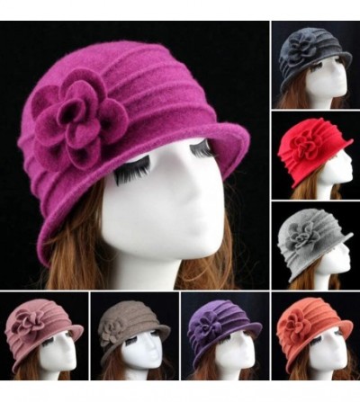 Berets Women 100% Wool Solid Color Round Top Cloche Beret Cap Flower Fedora Hat - 3 Pink - CZ186WXZ3KZ